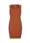 Rostfarbenes, geripptes, ärmelloses Bodycon-Kleid mit quadratischem Ausschnitt und Reißverschluss auf der Rückseite.