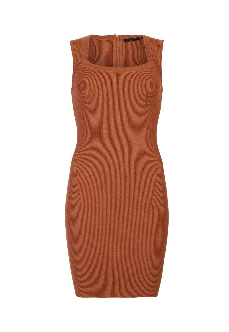Rostfarbenes, geripptes, ärmelloses Bodycon-Kleid mit quadratischem Ausschnitt und Reißverschluss auf der Rückseite.