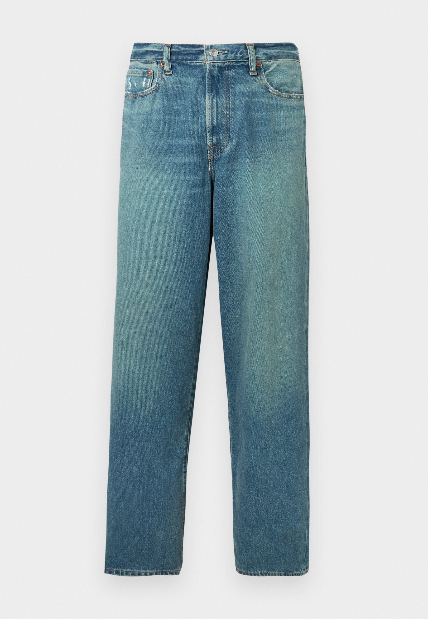 Jeans aus Denim, hellblau mit einem ausgewaschenen Effekt, gerade Beinform, standardmäßiges Fünf-Taschen-Design, Messingknopf und Reißverschluss.