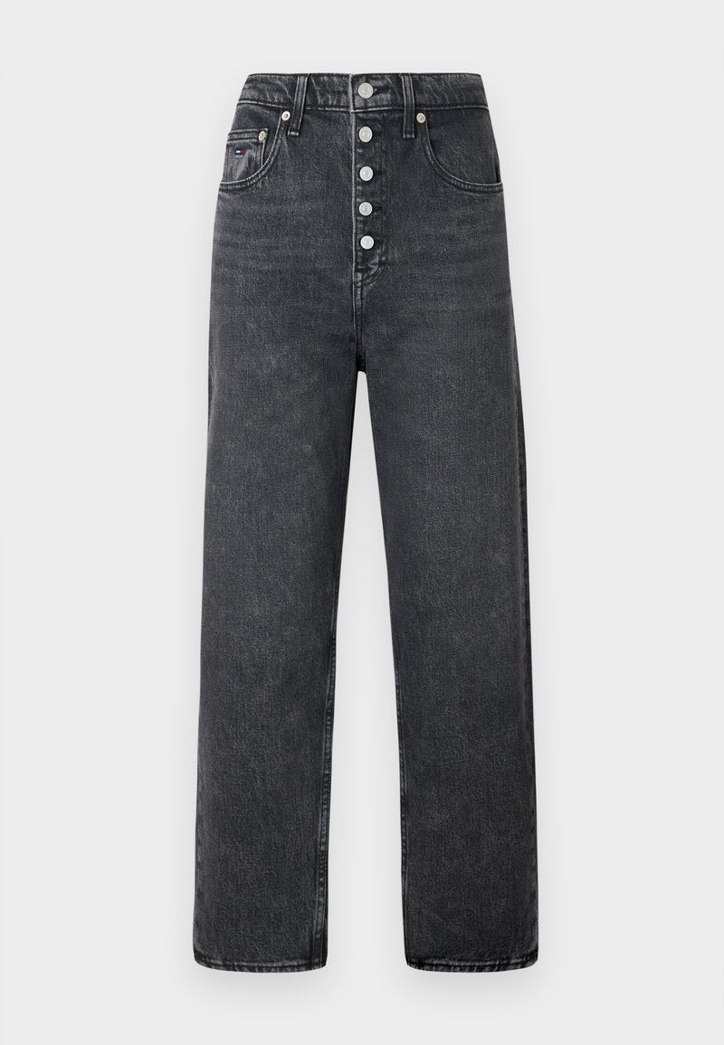 Hochtaillierte, weite Jeans in dunkelgrauem Denim mit einem Fünf-Knopf-Verschluss, Gürtelschlaufen und Fronttaschen. Glatte Textur mit dezenten Ausbleichungen.