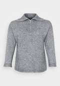 Grauer Strickpullover mit einem halben Reißverschluss am Kragen, weiten Ärmeln und gerippten Bündchen. Weiche Textur mit einem dezenten Melange-Muster.