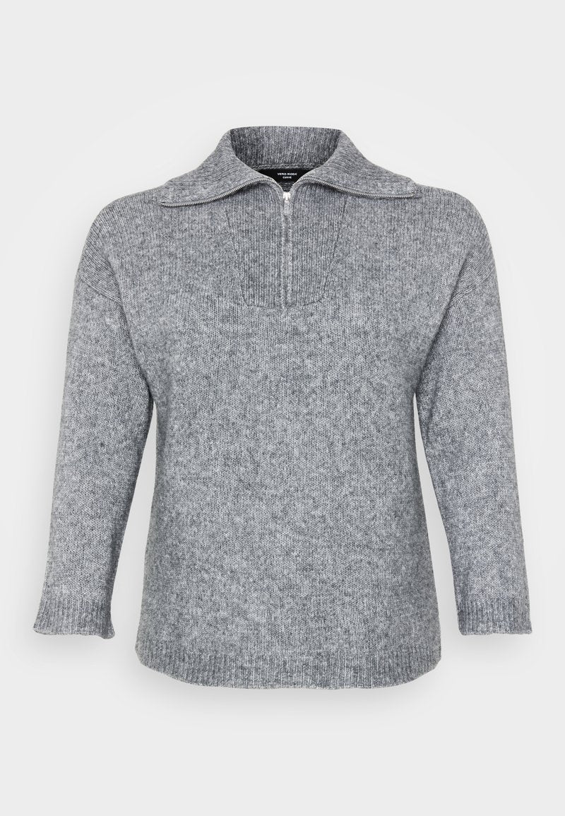 Grauer Strickpullover mit einem halben Reißverschluss am Kragen, weiten Ärmeln und gerippten Bündchen. Weiche Textur mit einem dezenten Melange-Muster.