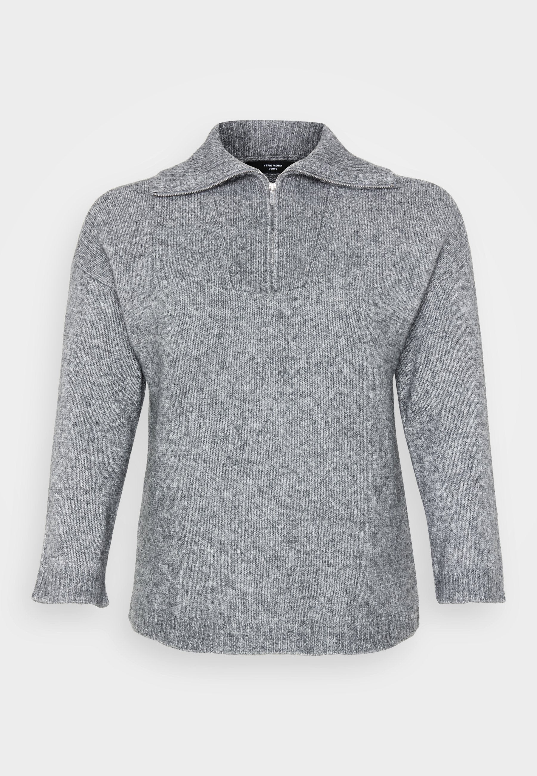 Grauer Strickpullover mit einem halben Reißverschluss am Kragen, weiten Ärmeln und gerippten Bündchen. Weiche Textur mit einem dezenten Melange-Muster.