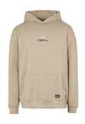 Beige Kapuzenpullover aus weichem Stoff mit einer Kängurutasche, verstellbarem Kordelzug an der Kapuze und einem Logo-Druck mit einem Sonnenmotiv.