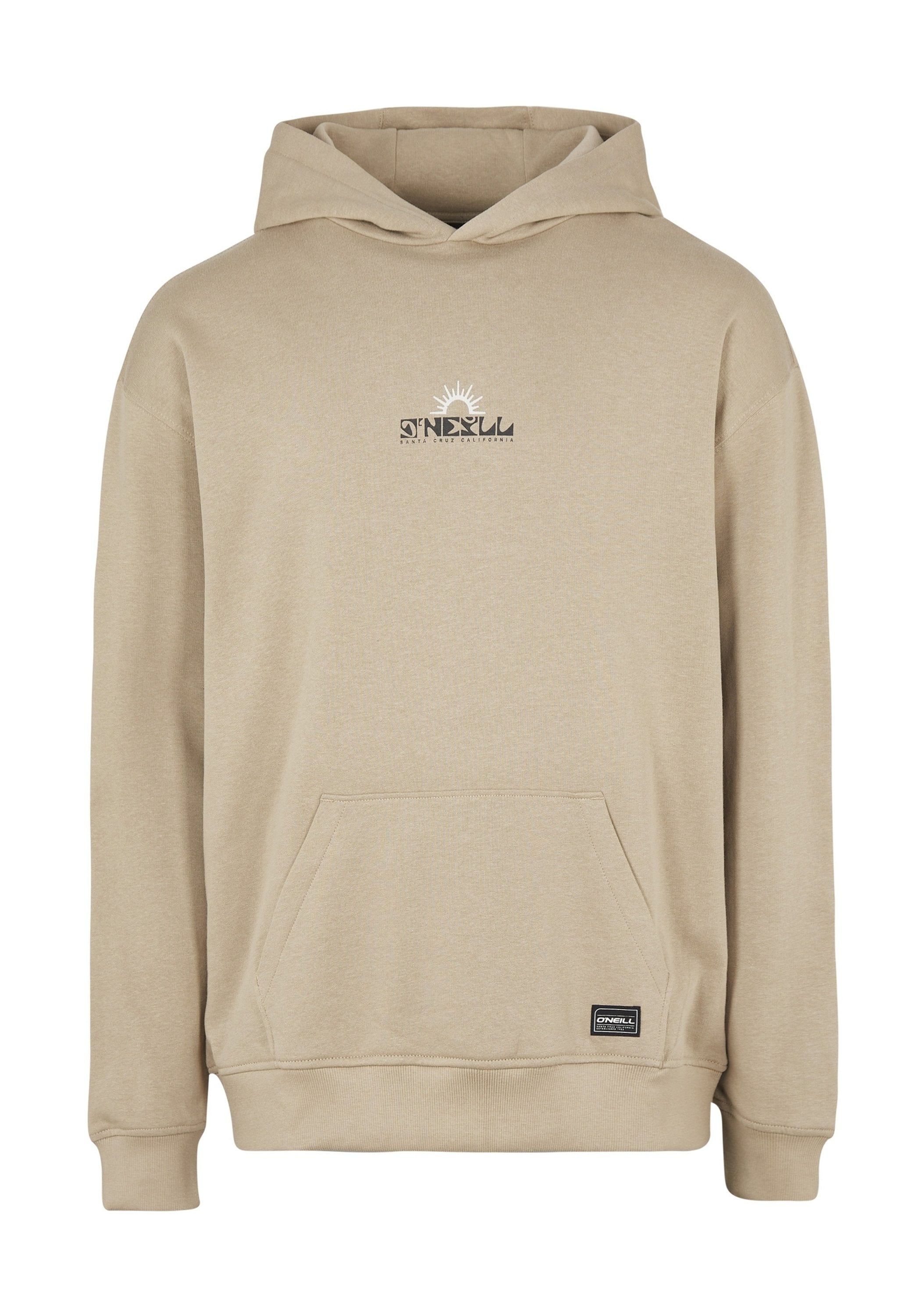 Beige Kapuzenpullover aus weichem Stoff mit einer Kängurutasche, verstellbarem Kordelzug an der Kapuze und einem Logo-Druck mit einem Sonnenmotiv.