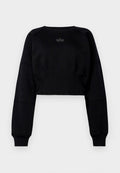 Schwarzes, gekürztes Sweatshirt mit langen Ärmeln, gerippten Bündchen, Rundhalsausschnitt und eleganter Logodetail auf der Brust. Glatte Stofftextur.