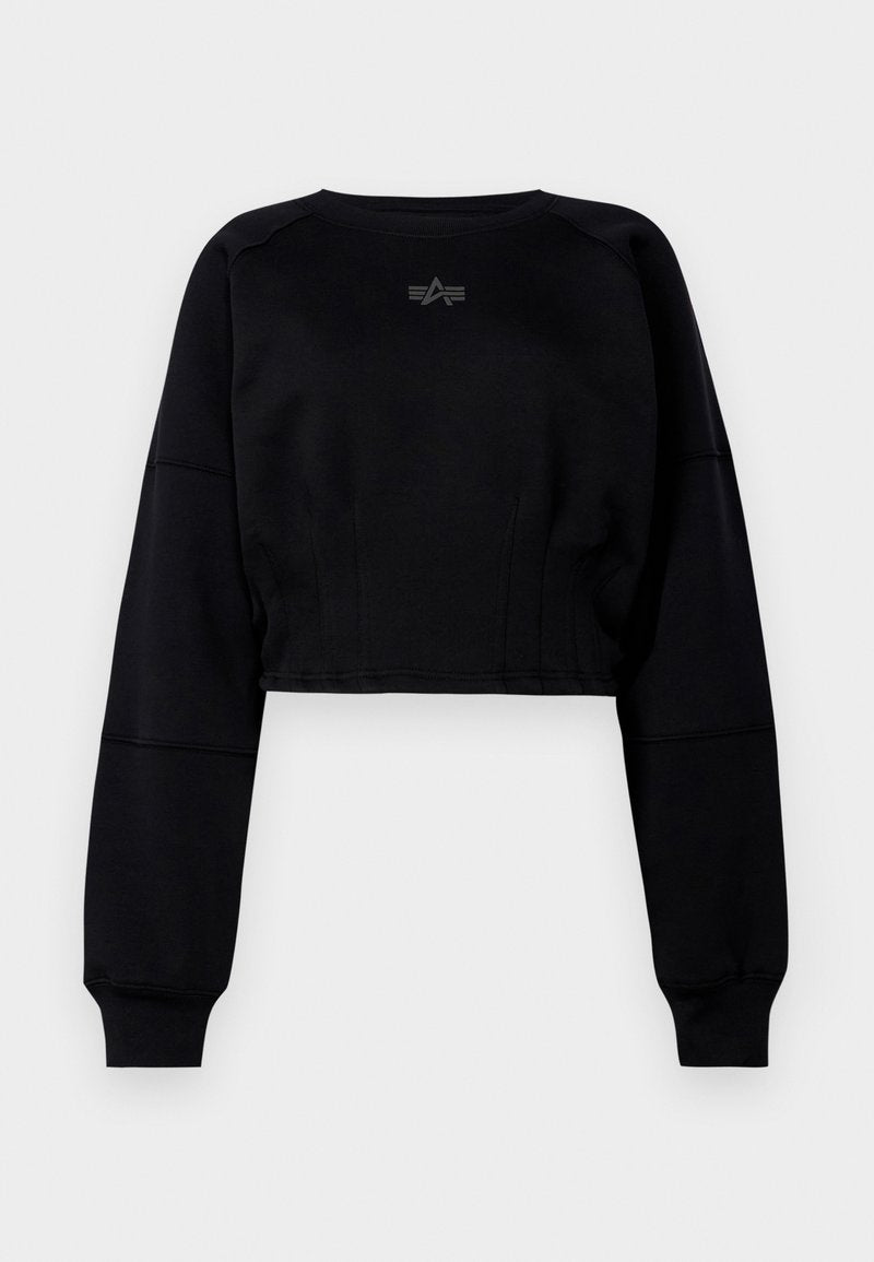 Schwarzes, gekürztes Sweatshirt mit langen Ärmeln, gerippten Bündchen, Rundhalsausschnitt und eleganter Logodetail auf der Brust. Glatte Stofftextur.