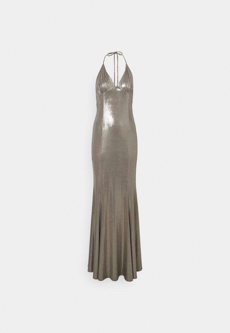Metallisches langes Kleid mit Halterhals und offener Rückseite. Es hat ein eng anliegendes Oberteil und einen ausgestellten Saum, in einem gedämpften grün-grauen Farbton.