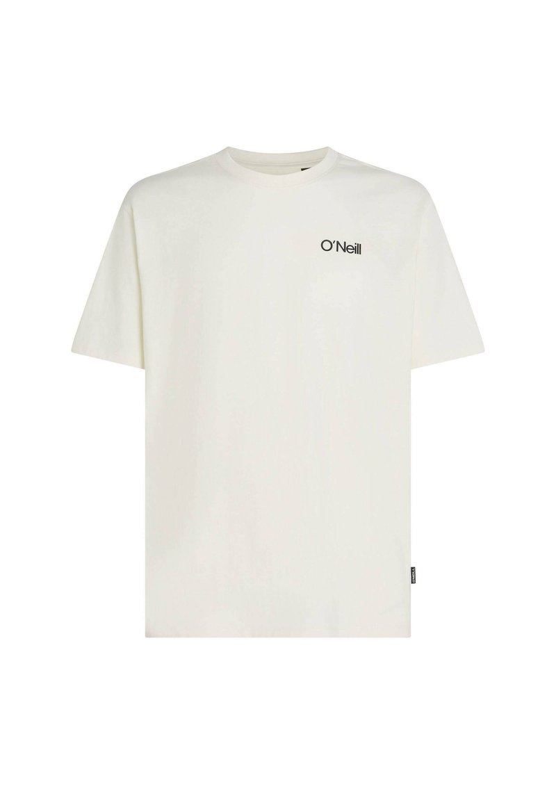 Weißes Baumwoll-T-Shirt mit kurzen Ärmeln, rundem Hals und schwarzem O'Neill-Logo auf der linken Brust. Glatte Textur, klassischer Schnitt.