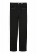 Schwarze Denim-Jeans mit einem schmalen Schnitt, ausgestattet mit Fronttaschen und dekorativen Nietenakzenten im Taschenbereich.