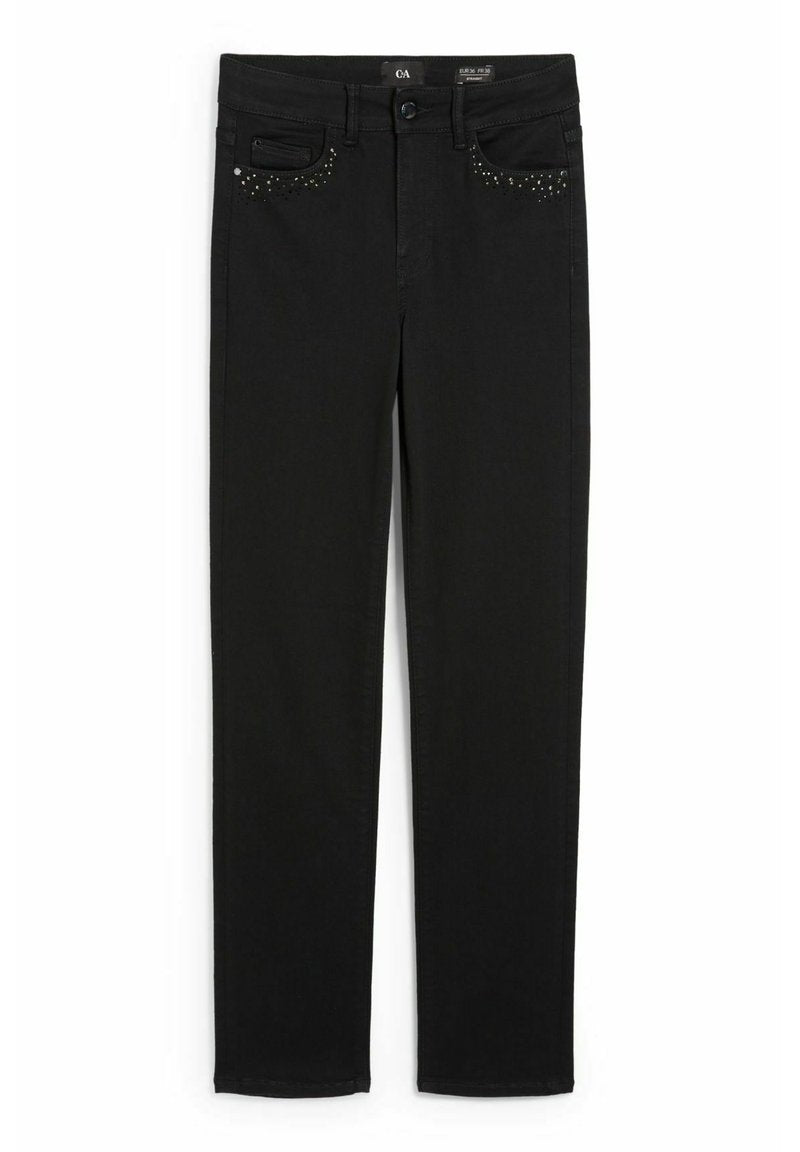 Schwarze Denim-Jeans mit einem schmalen Schnitt, ausgestattet mit Fronttaschen und dekorativen Nietenakzenten im Taschenbereich.