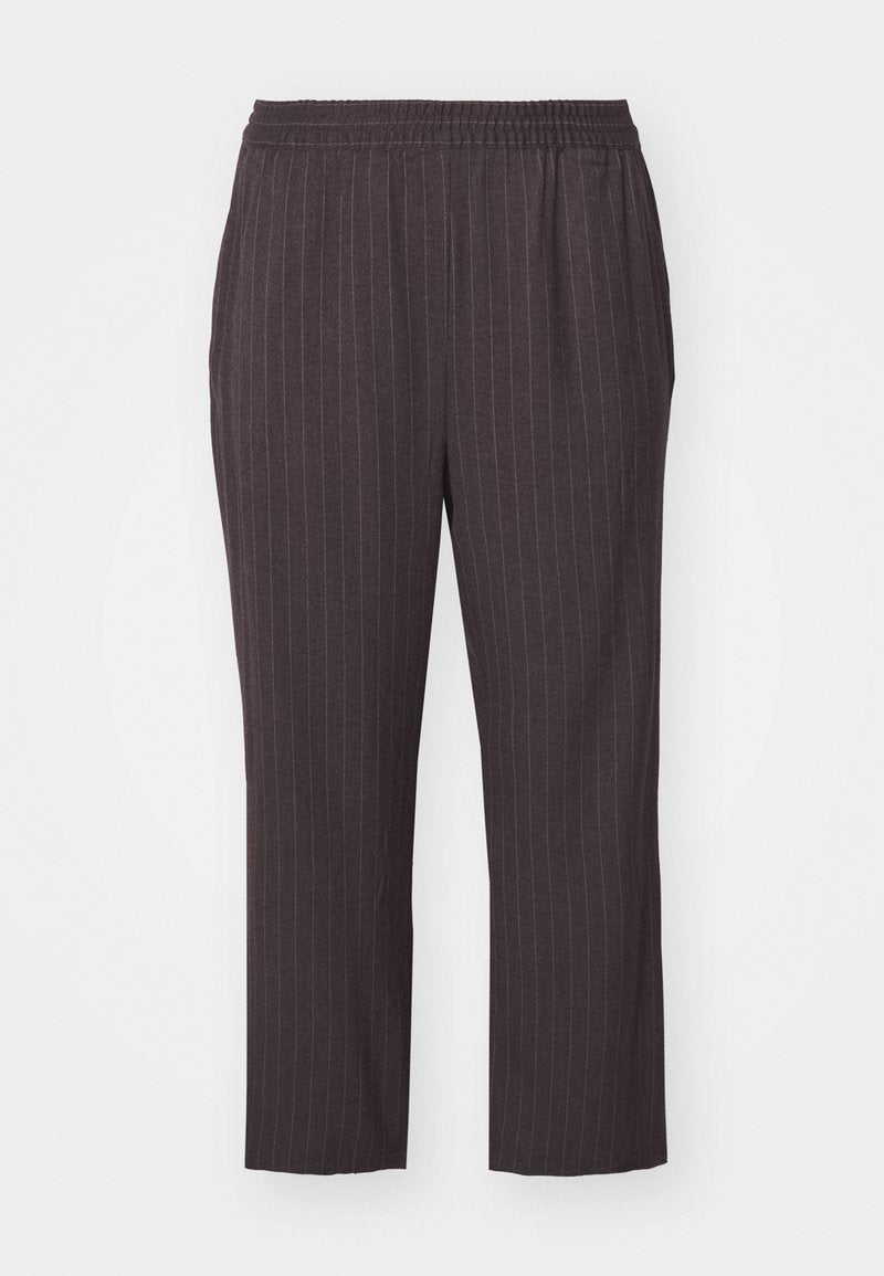 Dunkelgraue, elastische Hosen mit vertikalen Streifen, schmal zulaufendem Bein, glattem Stoff und Seitentaschen für ein elegantes Design.