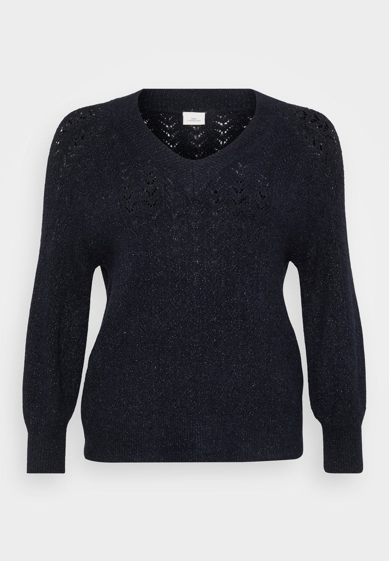Navy gestrickter Pullover mit V-Ausschnitt, strukturierten durchbrochenen Details an den Schultern und langen, leicht puffigen Ärmeln. Weicher Stoff mit einem subtilen Schimmer.