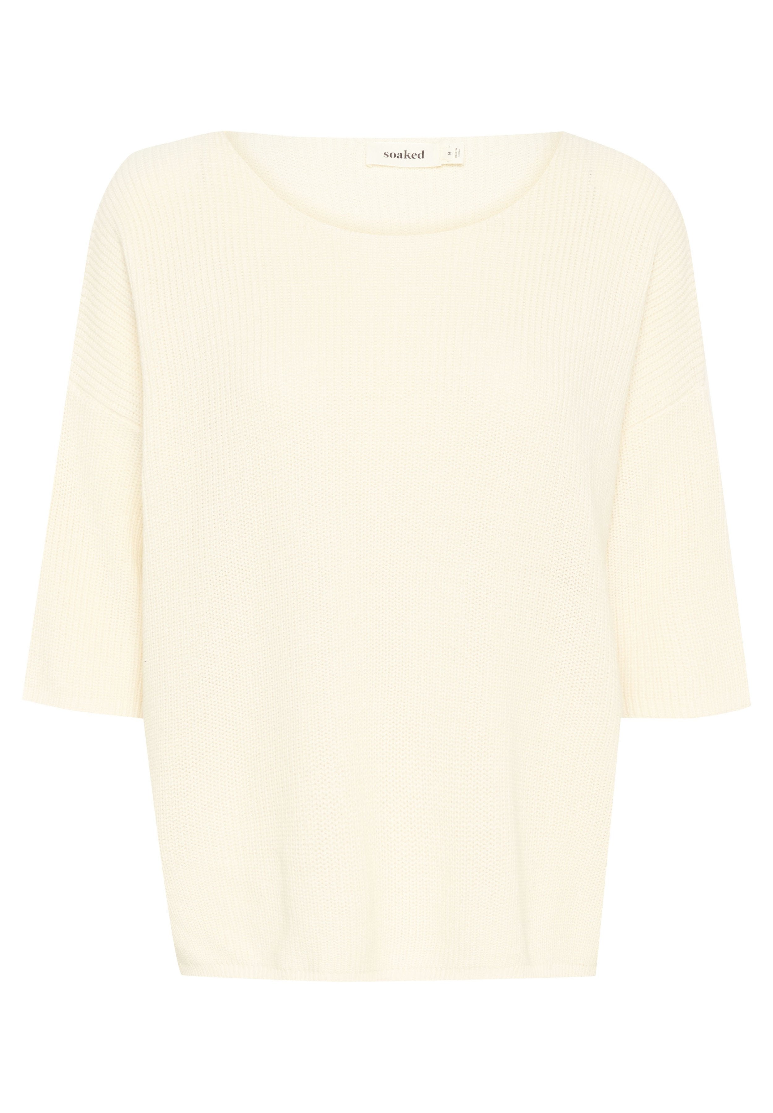 Cremfarbener Strickpullover mit lockerer Passform, weitem Rundhalsausschnitt und kurzen Ärmeln; weist einen strukturierten Stoff ohne Muster auf.