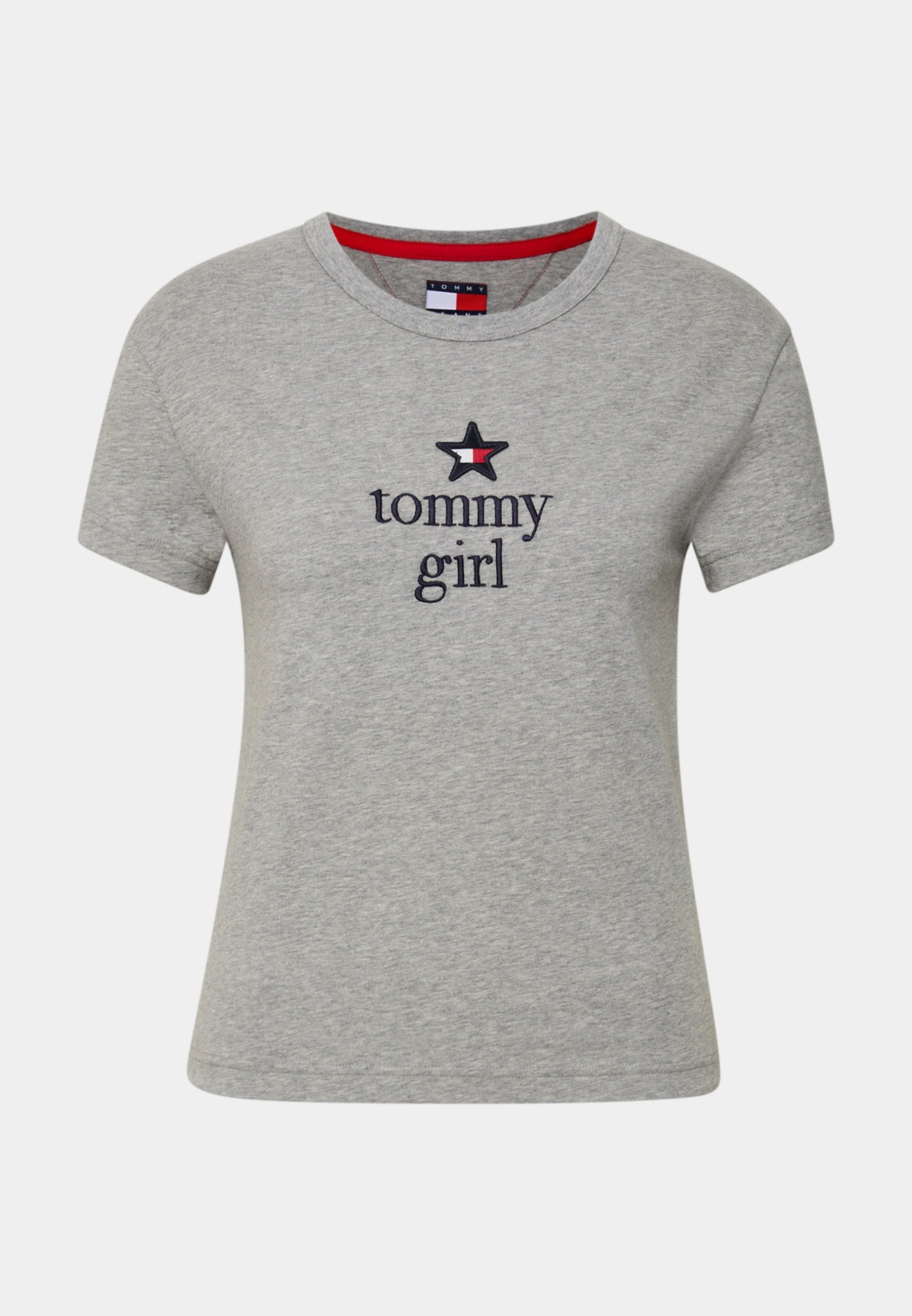 Graues Baumwoll-T-Shirt mit rundem Ausschnitt, ausgestattet mit navyblauem "tommy"-Text und einem schwarzen Stern-Logo mit rotem Akzent. Halb lange Ärmel.