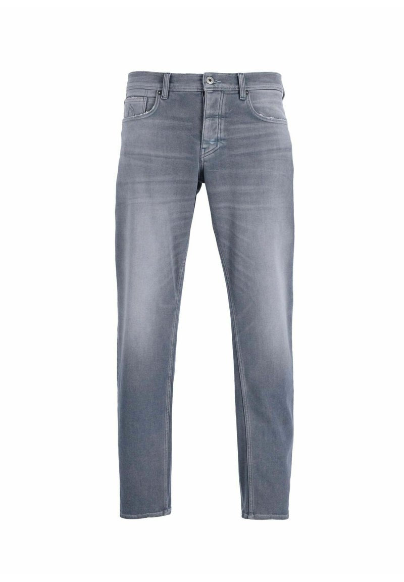 Graue Jeans aus Denim mit tailliertem Design. Verfügt über einen Knopfverschluss, fünf Taschen und dezente Farbverläufe für eine strukturierte Optik.