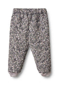 Blumengemusterte Hosen in Dunkelgrau mit einem elastischen Bund und gerippten Bündchen. Enthält verschiedene Pastellblumen auf dem gesamten Stoff.