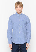 Blau-weiße karierte Button-Down-Hemd, lange Ärmel, eine Fronttasche, geknöpfter Kragen, glattes Baumwollmaterial, entspannte Passform.