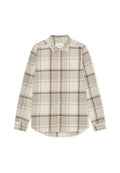 Karierte Button-up-Hemd in Beige- und Brauntönen. Verfügt über einen verbreiteten Kragen, lange Ärmel und eine Brusttasche. Weicher Stoff mit leichter Textur.