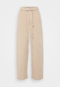 Beige Corduroy-Hose mit weitem Bein und Bindegürtel, aus einem strukturierten Stoff, mit zwei Vordertaschen und einer lockeren Silhouette.