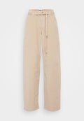 Beige Corduroy-Hose mit weitem Bein und Bindegürtel, aus einem strukturierten Stoff, mit zwei Vordertaschen und einer lockeren Silhouette.