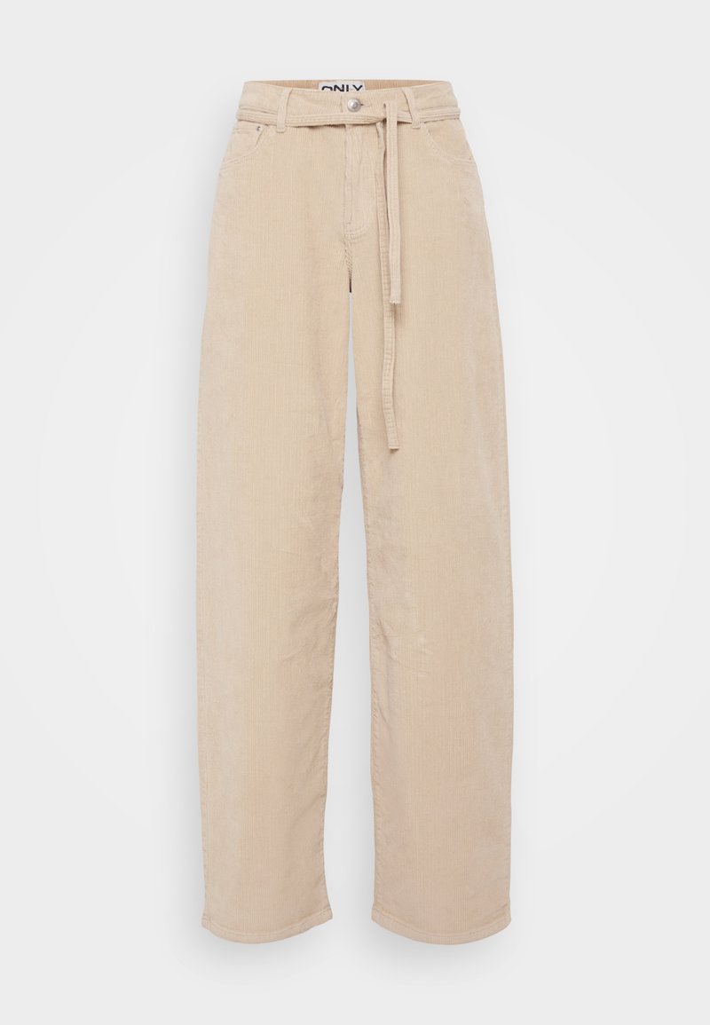 Beige Corduroy-Hose mit weitem Bein und Bindegürtel, aus einem strukturierten Stoff, mit zwei Vordertaschen und einer lockeren Silhouette.