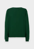 Grüner Pullover mit langen Ärmeln und Rundhalsausschnitt, aus weichem Material, mit gerippten Bündchen und glatter Textur. Rückseite ist schlicht ohne Muster.
