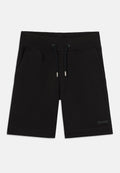 Schwarze Shorts aus weichem Stoff mit einem gerippten elastischen Bund, Kordelzug und Seitentaschen. Logo auf dem Bein aufgedruckt.