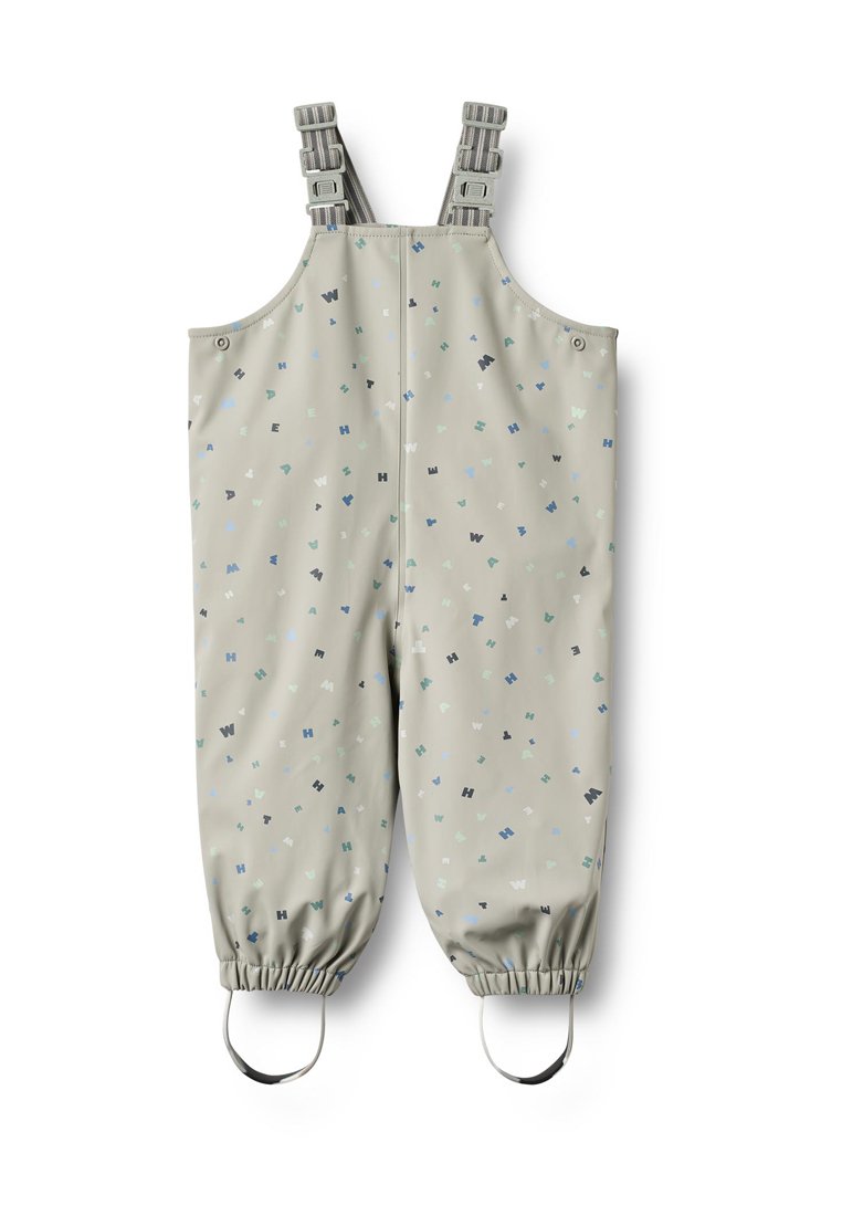 Hellgrauer wasserdichter Overall mit verstellbaren grauen Trägern, versehen mit einem zufälligen Muster kleiner blauer, grüner und schwarzer geometrischer Formen.