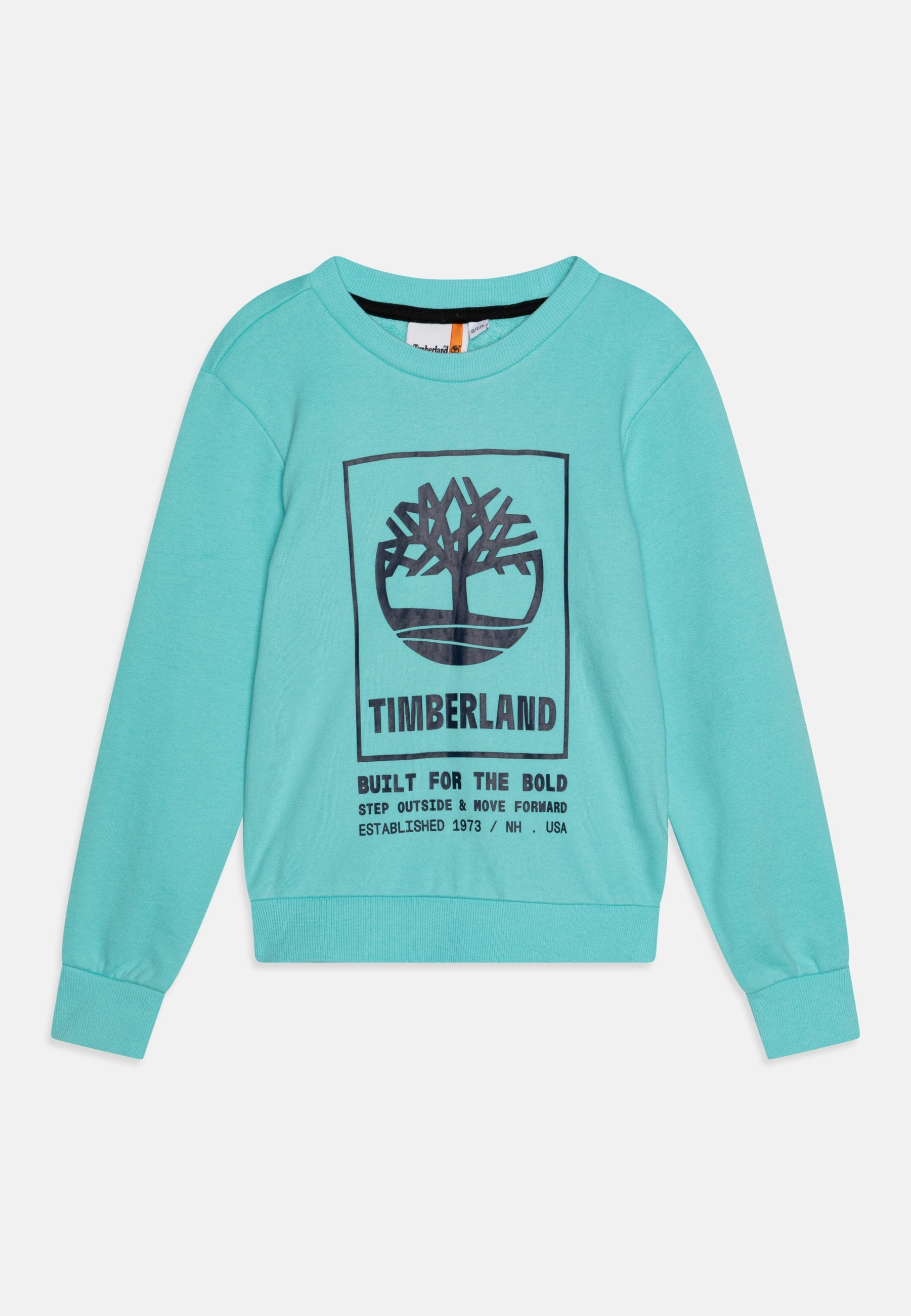 Türkises Sweatshirt mit langen Ärmeln, Rundhalsausschnitt und gerippten Bündchen. Vorne mit einem schwarzen Baumlogo und Text bedruckt.