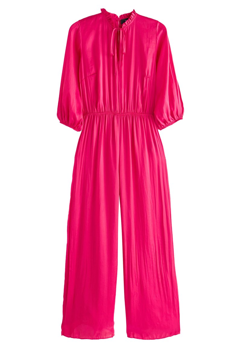 Rosa Jumpsuit mit hohem Kragen, Puffärmeln und elastischem Bund. Hergestellt aus einem glatten, leichten Stoff mit fließendem Design.