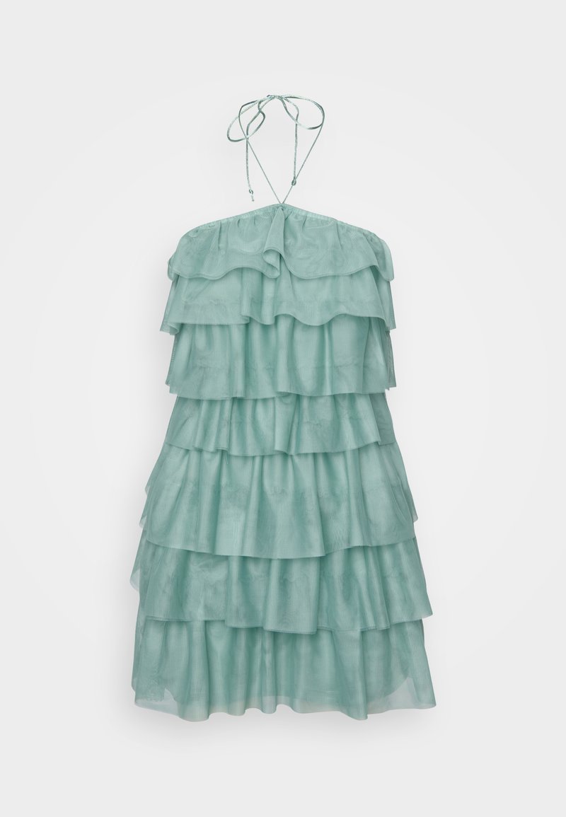 Gestuftes, ärmelloses Kleid in hellem Mintgrün, mit mehreren rüschierten Schichten, einem Neckholder mit verstellbaren Bändern und einer weichen Textur.