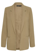 Beige Blazer mit strukturiertem Design, einreihigem Knopfverschluss, Reverskragen und zwei Vorder-Taschen; aus glattem Stoff gefertigt.
