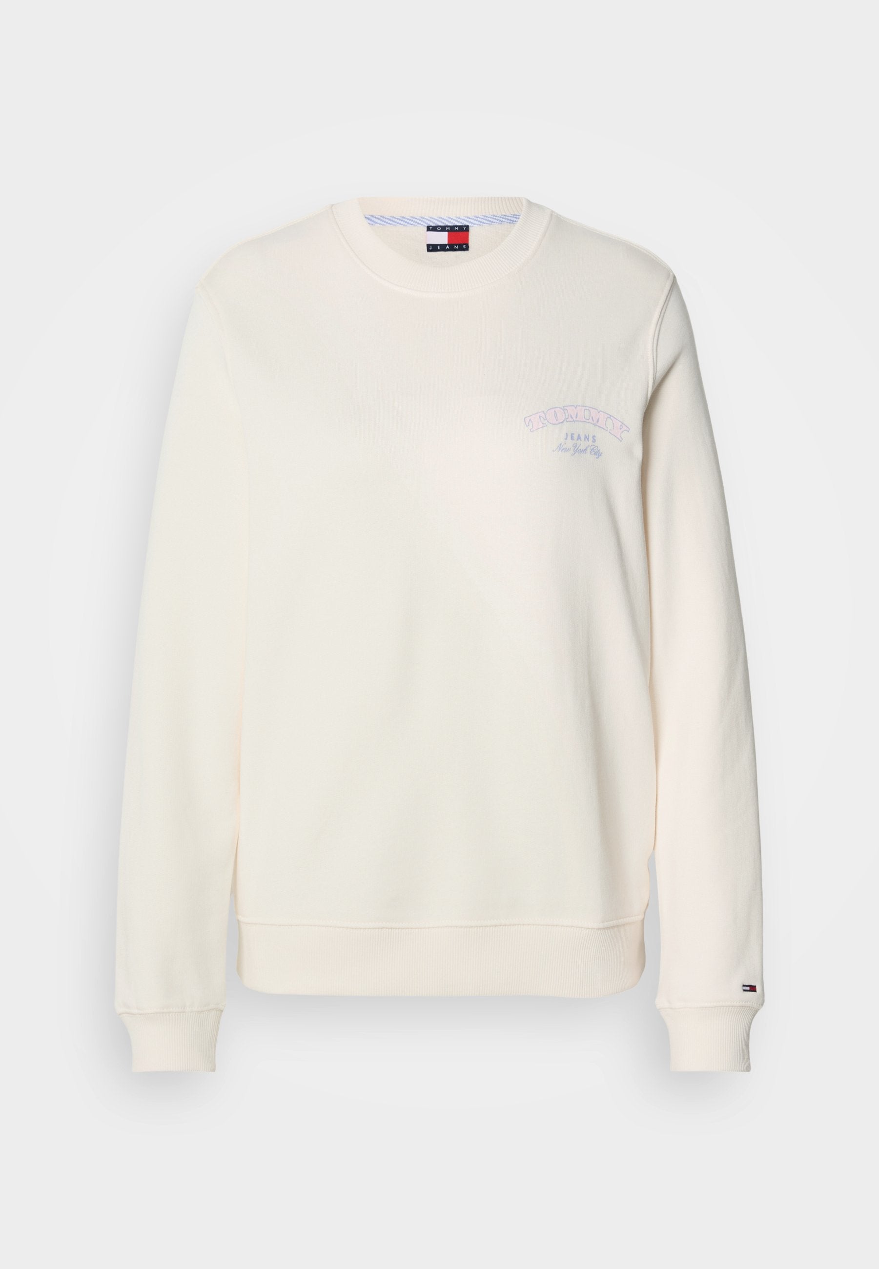 Cremfarbener Sweatshirt mit Rundhalsausschnitt, langen Ärmeln und einem kleinen lila Logo auf der Brust. Weicher, strukturiertes Material mit gerippten Bündchen.
