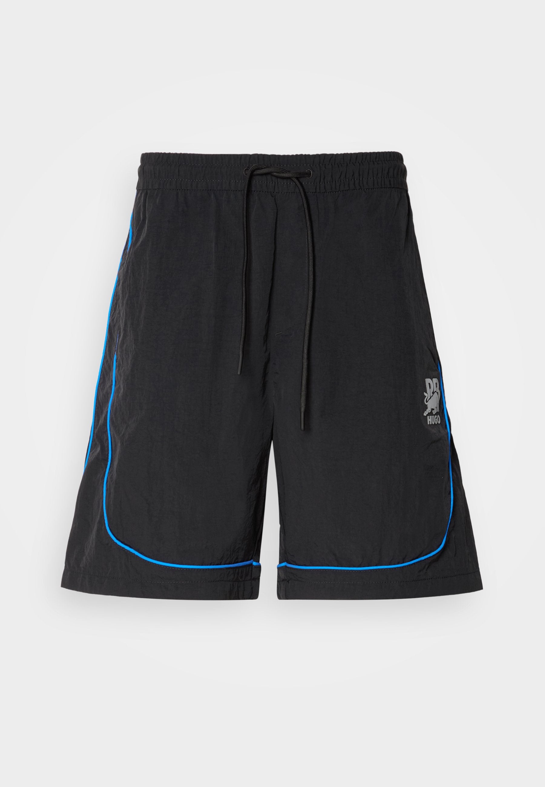 Schwarze Badeshorts mit einem Kordelzugbund, die blaue Paspeln entlang der Nähte und ein Logo am linken Oberschenkel aufweisen. Leichtes Material.