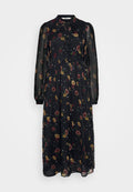 Schwarzes Kleid mit floralen Mustern in Rot, Gelb und Weiß. Verfügt über lange, durchsichtige Punkte-Ärmel und einen Kragen mit einer Schleife. Knopfverschluss vorne.