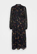 Schwarzes Kleid mit floralen Mustern in Rot, Gelb und Weiß. Verfügt über lange, durchsichtige Punkte-Ärmel und einen Kragen mit einer Schleife. Knopfverschluss vorne.