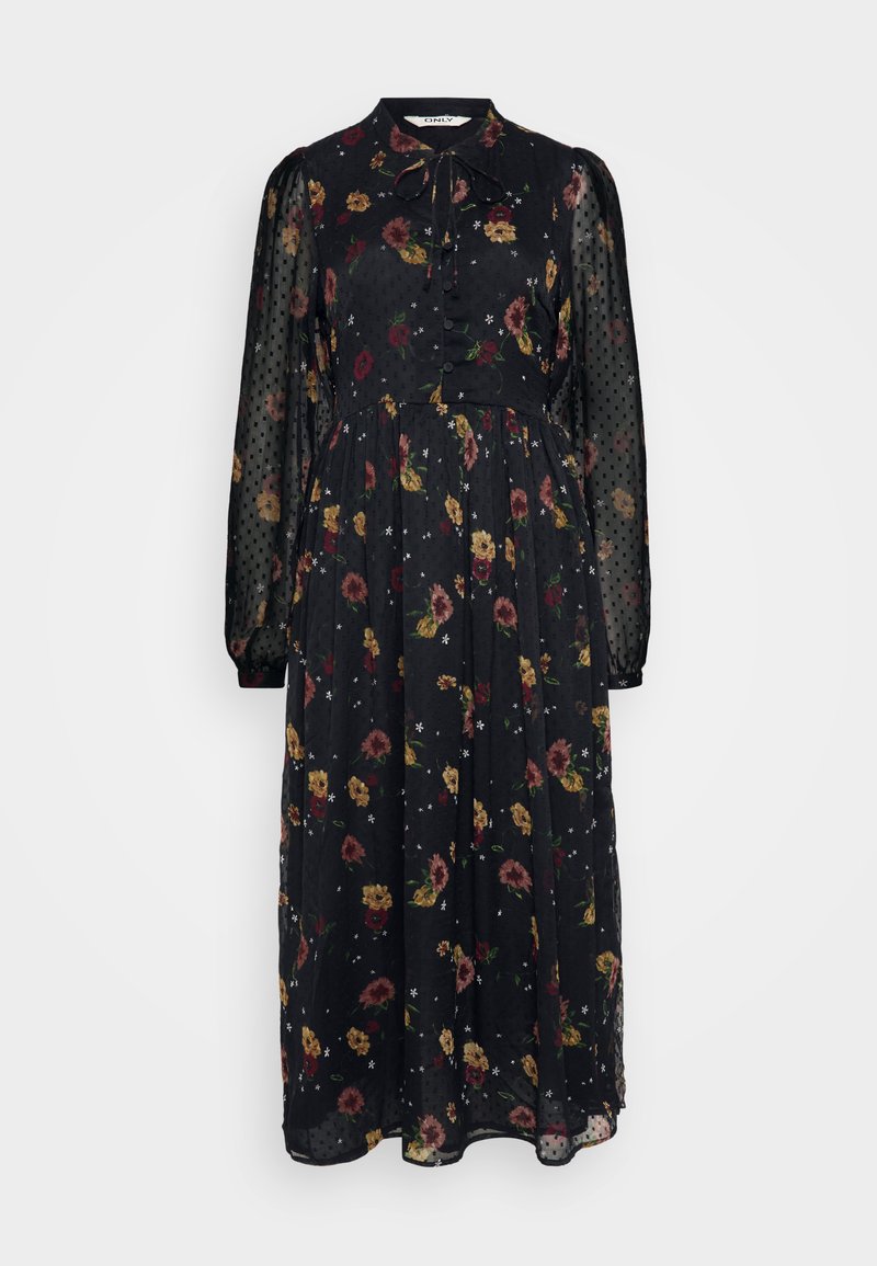 Schwarzes Kleid mit floralen Mustern in Rot, Gelb und Weiß. Verfügt über lange, durchsichtige Punkte-Ärmel und einen Kragen mit einer Schleife. Knopfverschluss vorne.
