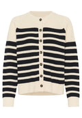 Strickjacke mit horizontalen schwarz- und cremefarbenen Streifen, rundem Kragen, Knopfleiste und gerippten Bündchen und Saum.