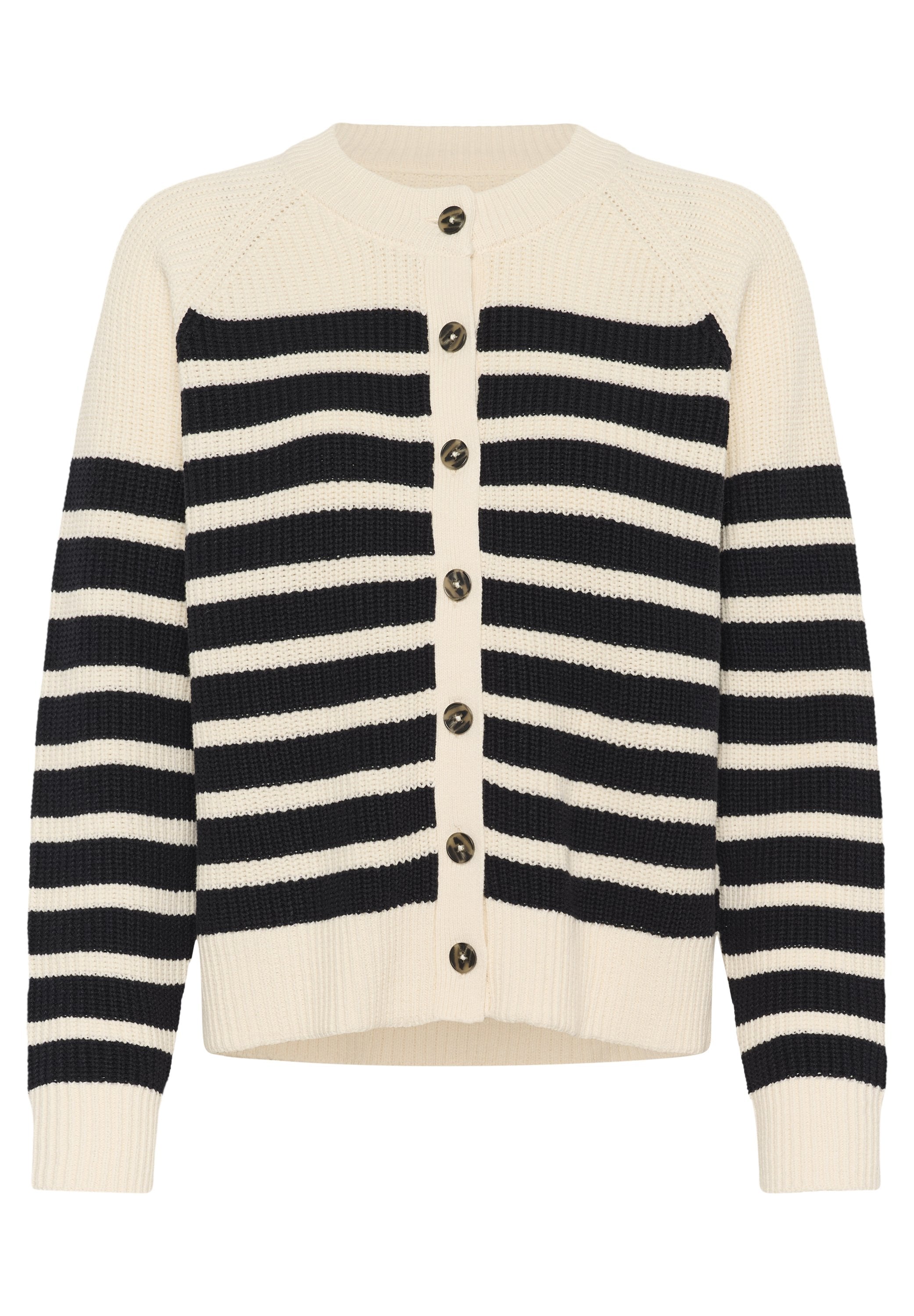 Strickjacke mit horizontalen schwarz- und cremefarbenen Streifen, rundem Kragen, Knopfleiste und gerippten Bündchen und Saum.
