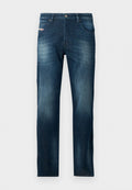 Dunkelblaue Jeans aus Denim mit lockerem Schnitt, fünf Taschen, dezenten Waschungen und einem Metallknopfverschluss an der Taille.