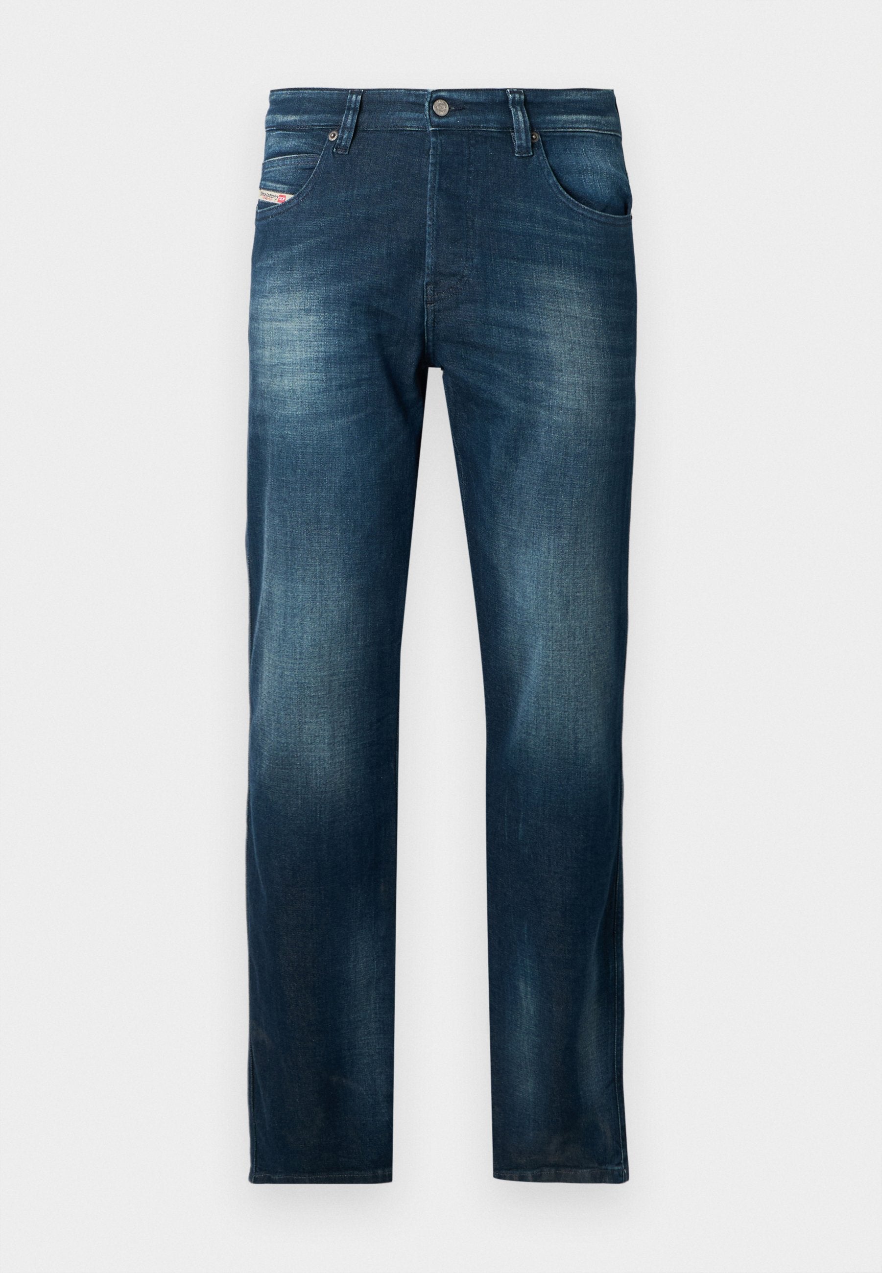 Dunkelblaue Jeans aus Denim mit lockerem Schnitt, fünf Taschen, dezenten Waschungen und einem Metallknopfverschluss an der Taille.