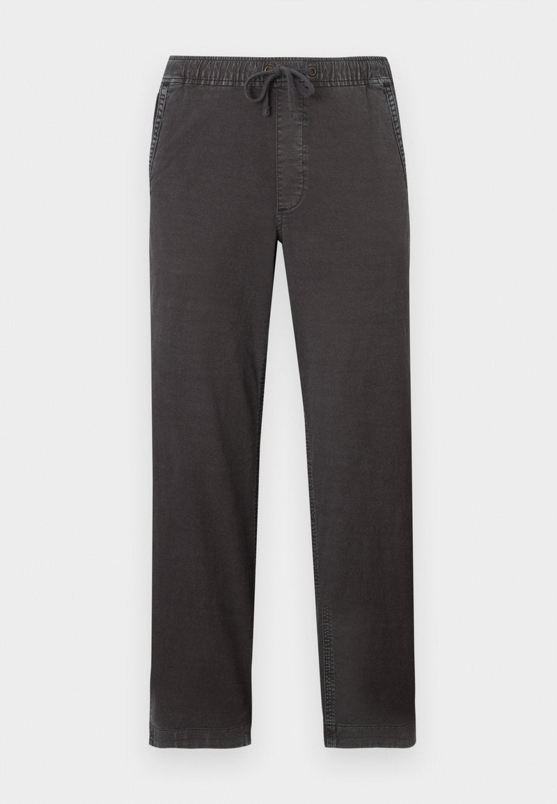 Dunkelgraue, leichte Hose mit elastischem Bund und Kordelzug. Verfügt über seitliche Taschen und kontrastierende Nähte entlang der Nähte.
