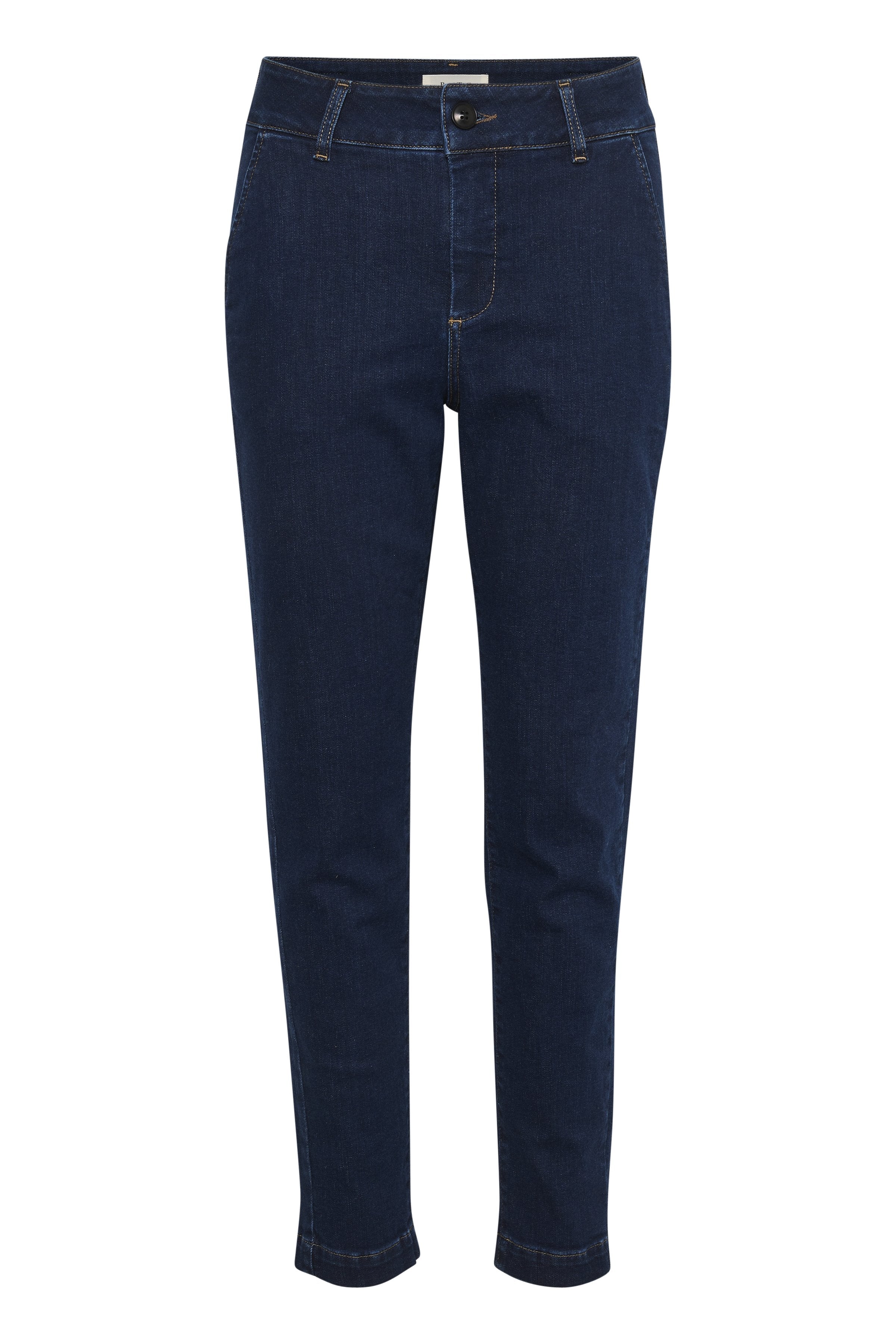Dunkelblaue Jeans mit schmalem Schnitt, mit einem Knopfverschluss, Fünf-Taschen-Design und kontrastierenden Nähdetails.