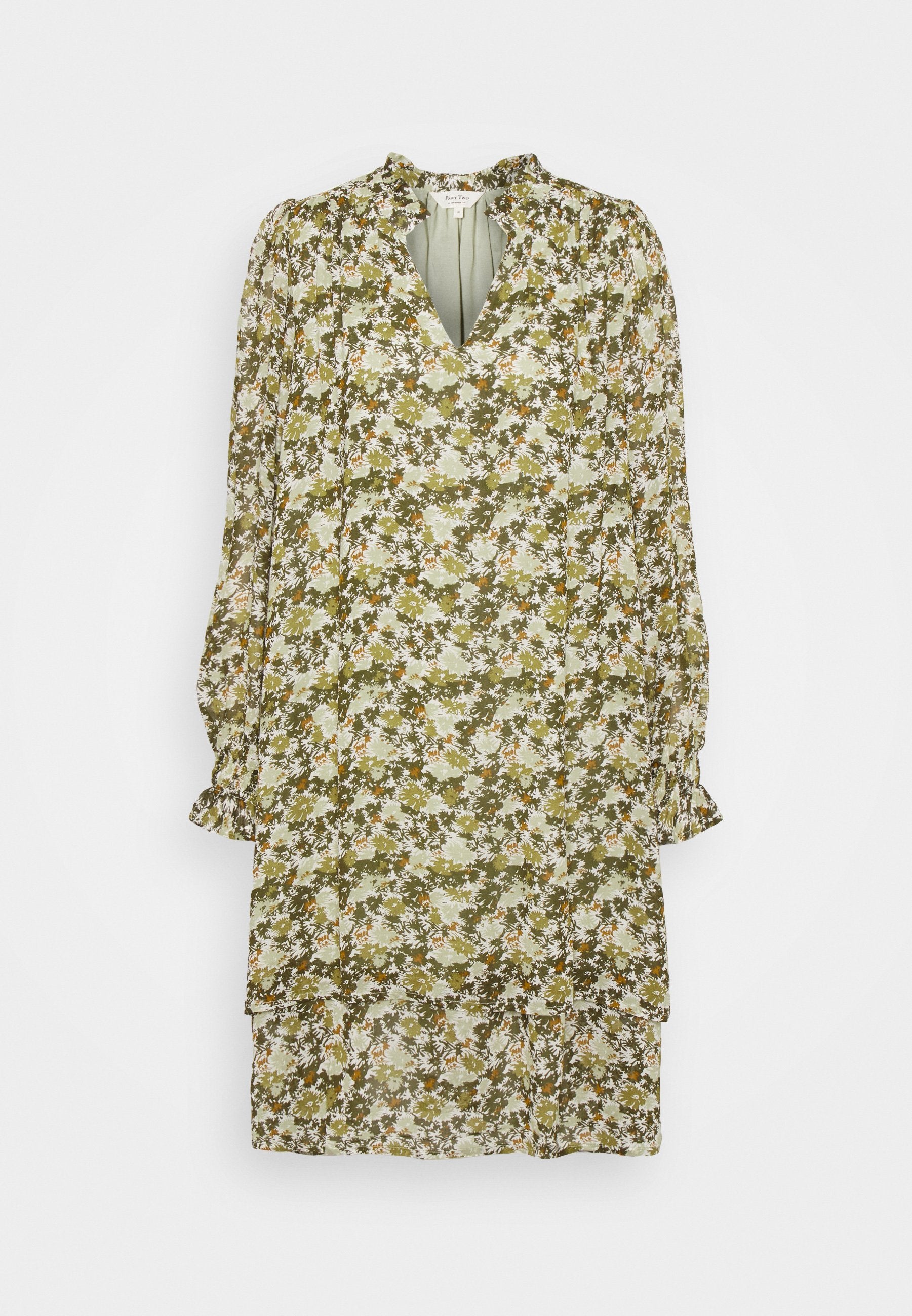 Blumenkleid in Olivgrün, mit langen Puffärmeln, einem V-Ausschnitt und einem gestuften Design, aus einem leichten Stoff mit weicher Textur.