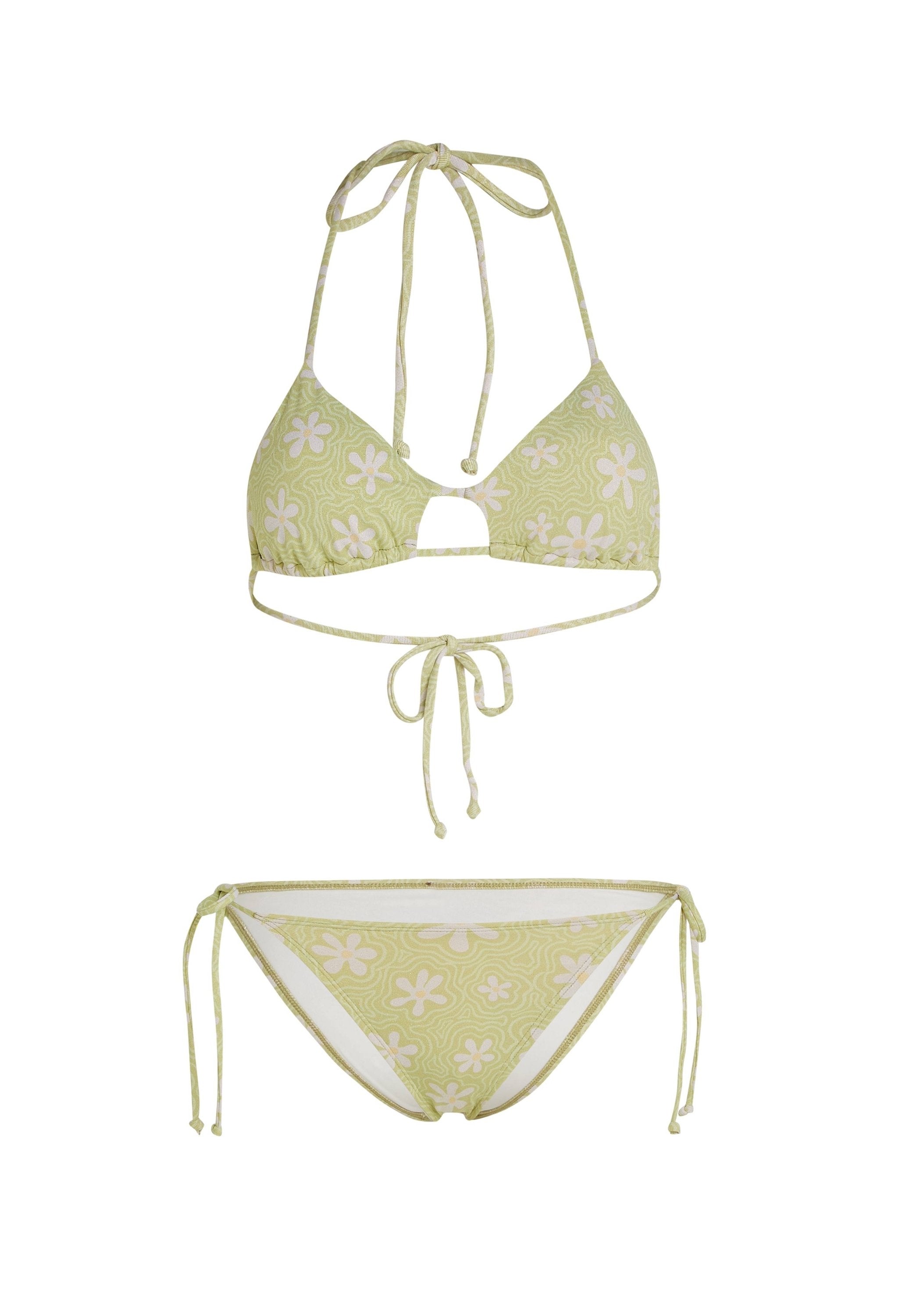 Grünes Bikini-Set mit einem Dreieckstop mit Blumenmuster und einem Schlüsselloch-Detail, kombiniert mit passenden hochgeschnittenen Unterteilen mit Seitenschnürungen.