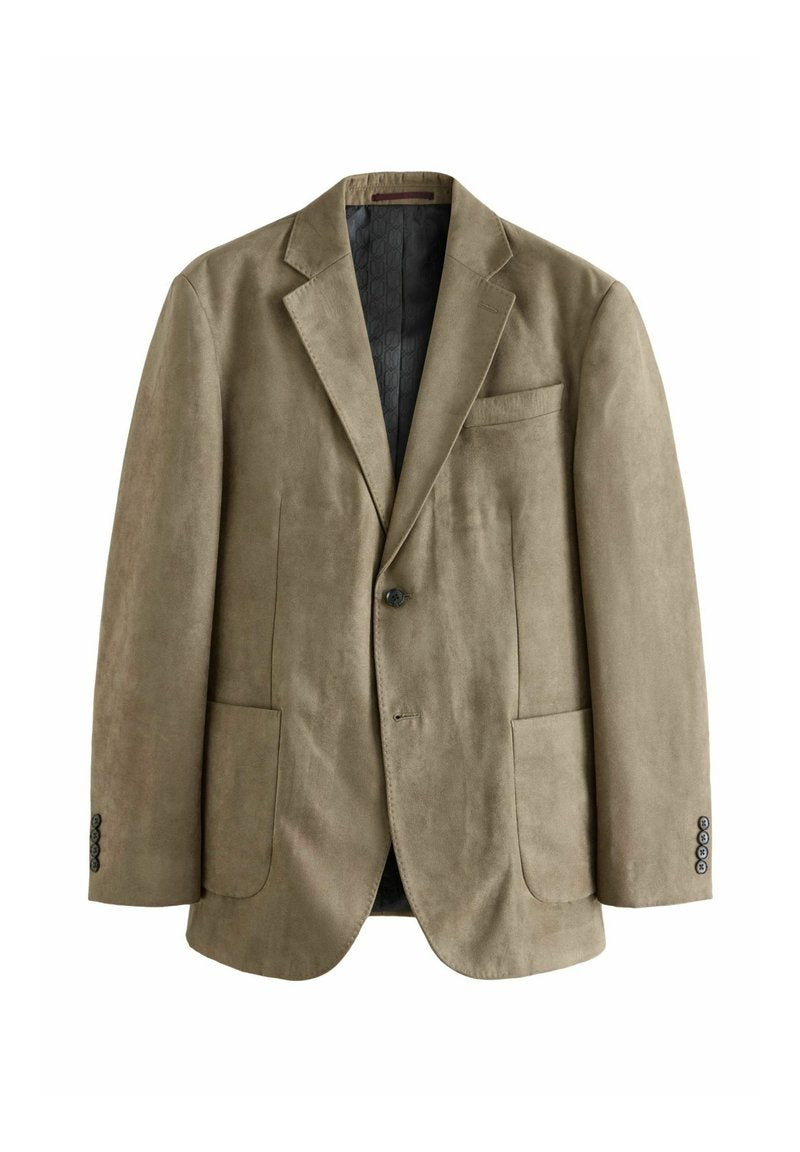 Khaki-Suede-Blazer mit zwei Fronttaschen, eingefassten Revers, Ein-Knopf-Verschluss und schwarzen Knopf-Akzenten an den Ärmeln. Glatte Textur.