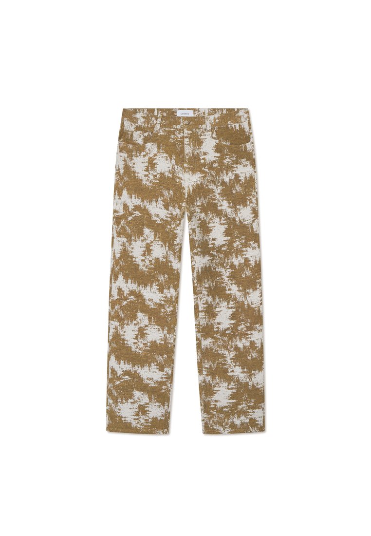 Beige und weiße gemusterte Hose mit geradem Beinschnitt, ausgestattet mit einem strukturierten Stoff und klassischem Fünf-Taschen-Stil.