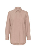 Beige Langarmhemd mit Knopfleiste, spitzem Kragen, versteckten Frontknöpfen und abgerundetem Saum.