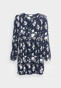 Marineblaues Kleid mit weißem Blumenmuster, langen Puffärmeln, V-Ausschnitt und leicht ausgestellter Silhouette. Hergestellt aus leichtem Stoff.